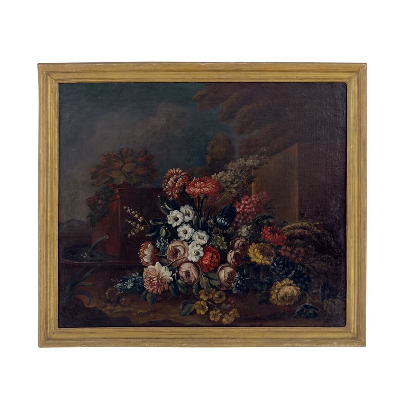 Pittore napoletano del XVIII secolo, Natura morta di fiori con fontana