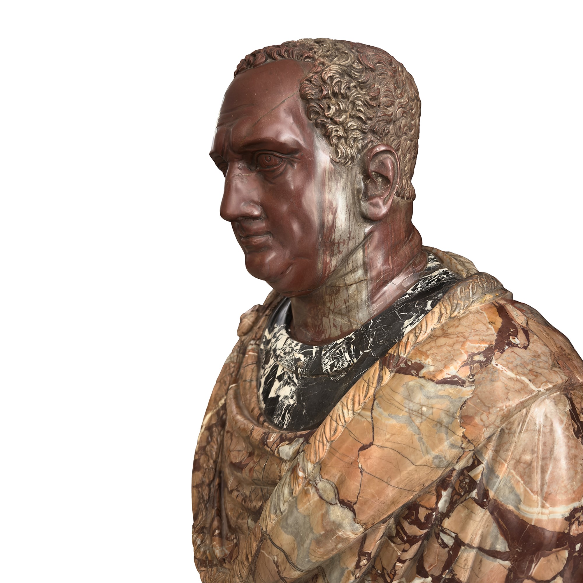 Grandioso busto dell'imperatore Vitellio, marmo policromo con elementi in rosso antico e bianco e...