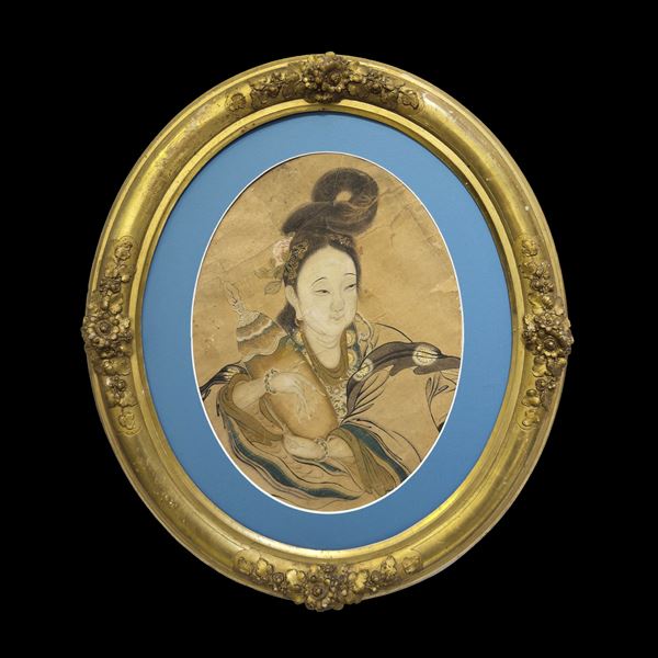 Divinità femminile con vaso, tecnica mista su carta a sesto ovale, Cina, fine del XVIII secolo