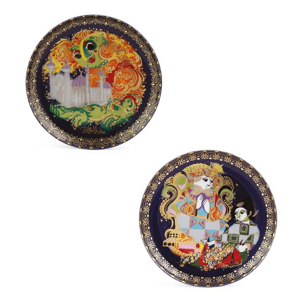 Coppia di piattini in porcellana policroma e dorata, Rosenthal