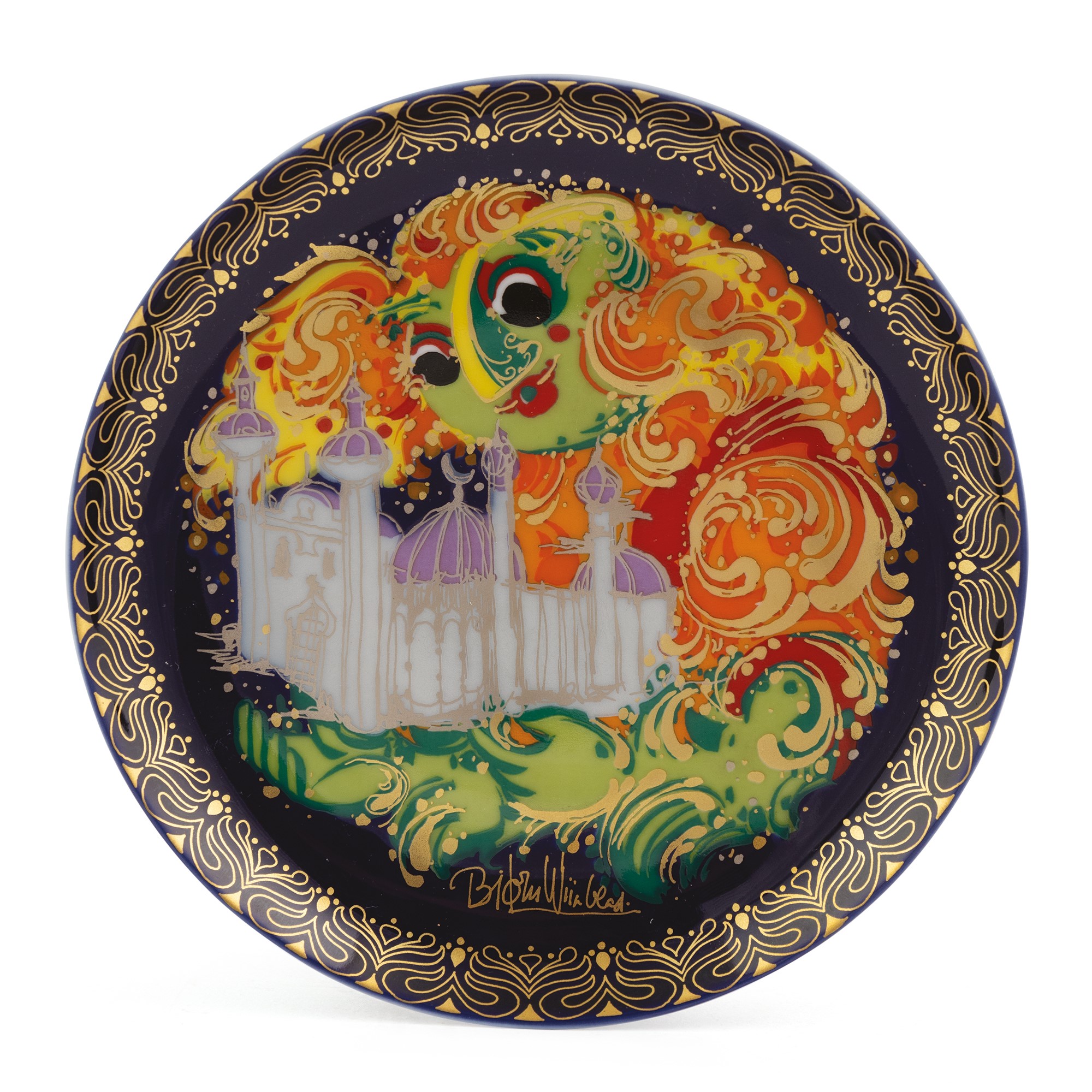 Rosenthal, Coppia di piattini in porcellana policroma e dorata, serie Aladin und die Wunderlampe