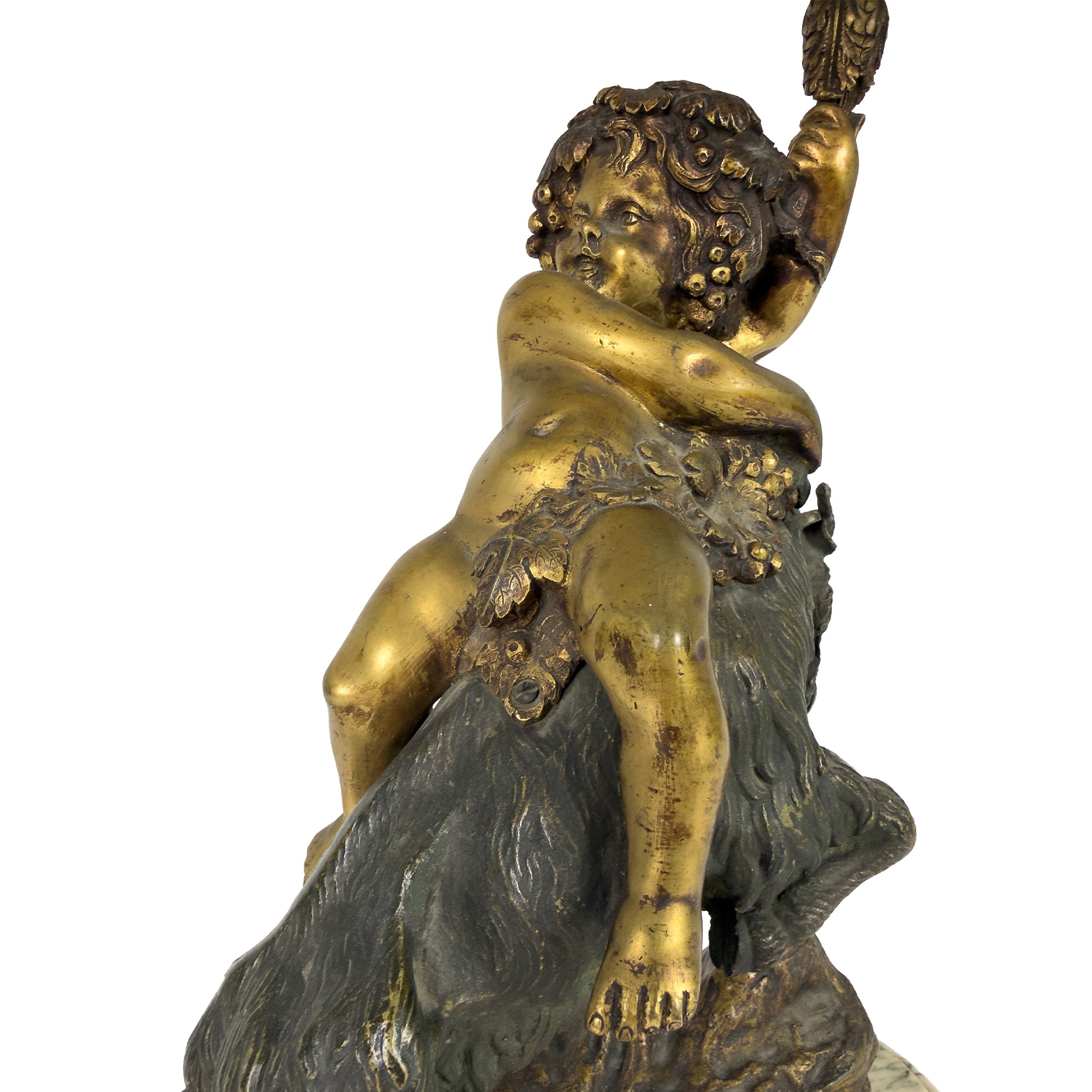 Lampada da tavolo in bronzo e metallo dorato, base con putto su caprone