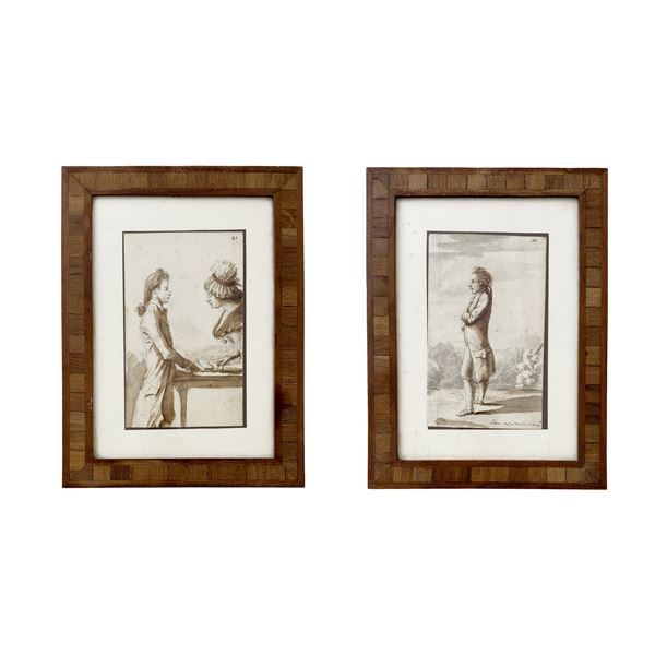 Coppia di disegni a inchiostro e acquarello su carta, XVIII secolo