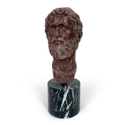 Testa di imperatore romano, marmo rosso Levanto con base in marmo nero venato