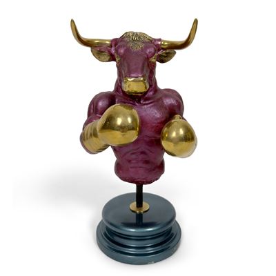 Busto di toro pugile in metallo patinato e colorato