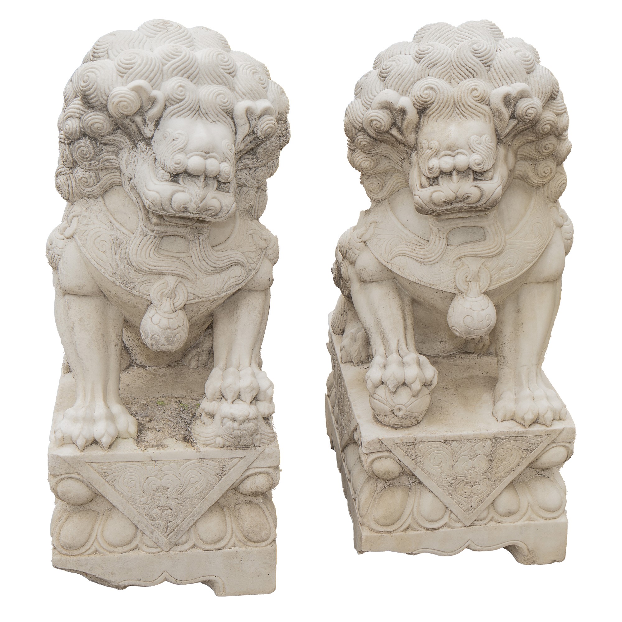 Coppia di cani di Pho, sculture in marmo bianco finemente scolpite