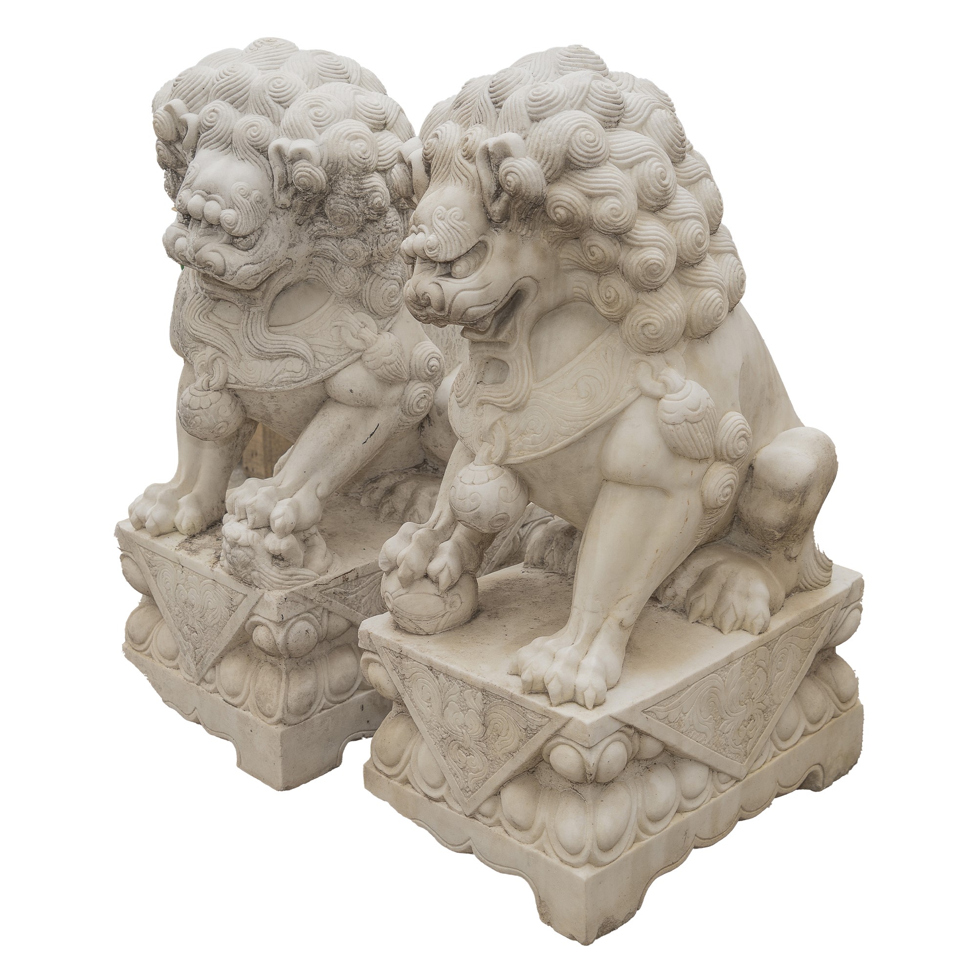 Coppia di cani di Pho, sculture in marmo bianco finemente scolpite