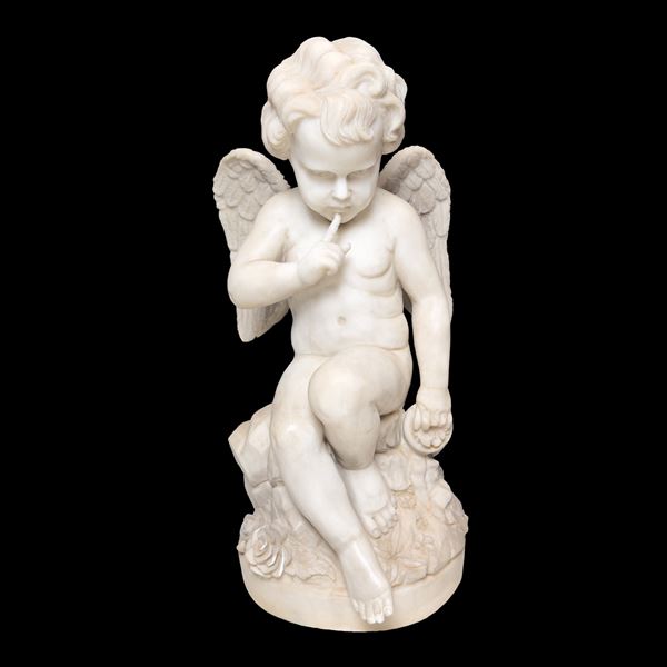 Cherubino seduto in marmo bianco