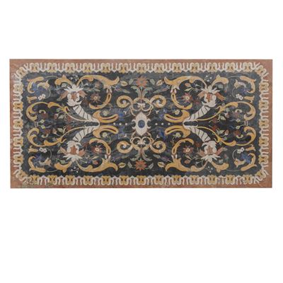 Piano rettangolare in marmi policromi e pietre dure, intarsiato con motivi fogliati e fioriti, in...