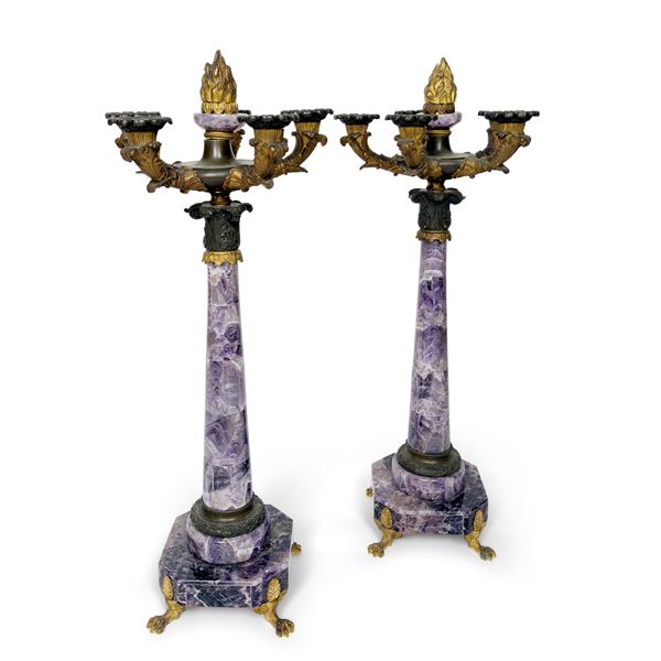 Coppia di flambeaux in bronzo patinato, Francia, XIX secolo