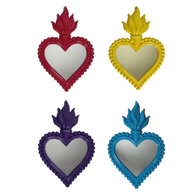 Quattro specchiere, terracotta rossa, gialla, viola e azzurra, modello cuore ardente