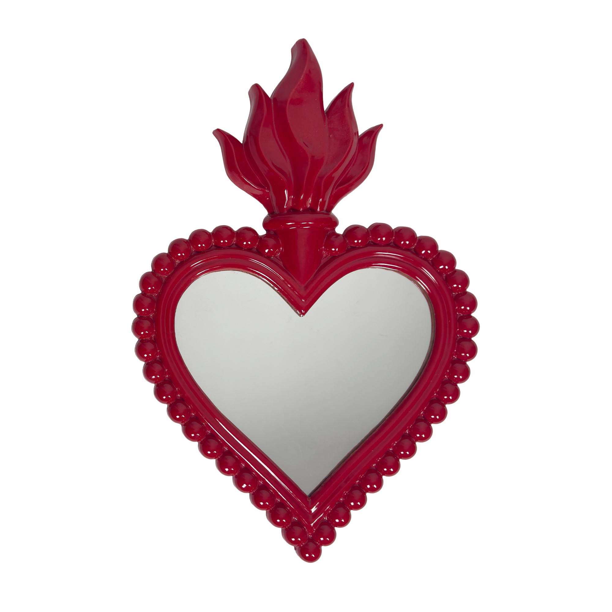 Quattro specchiere, terracotta rossa, gialla, viola e azzurra, modello cuore ardente
