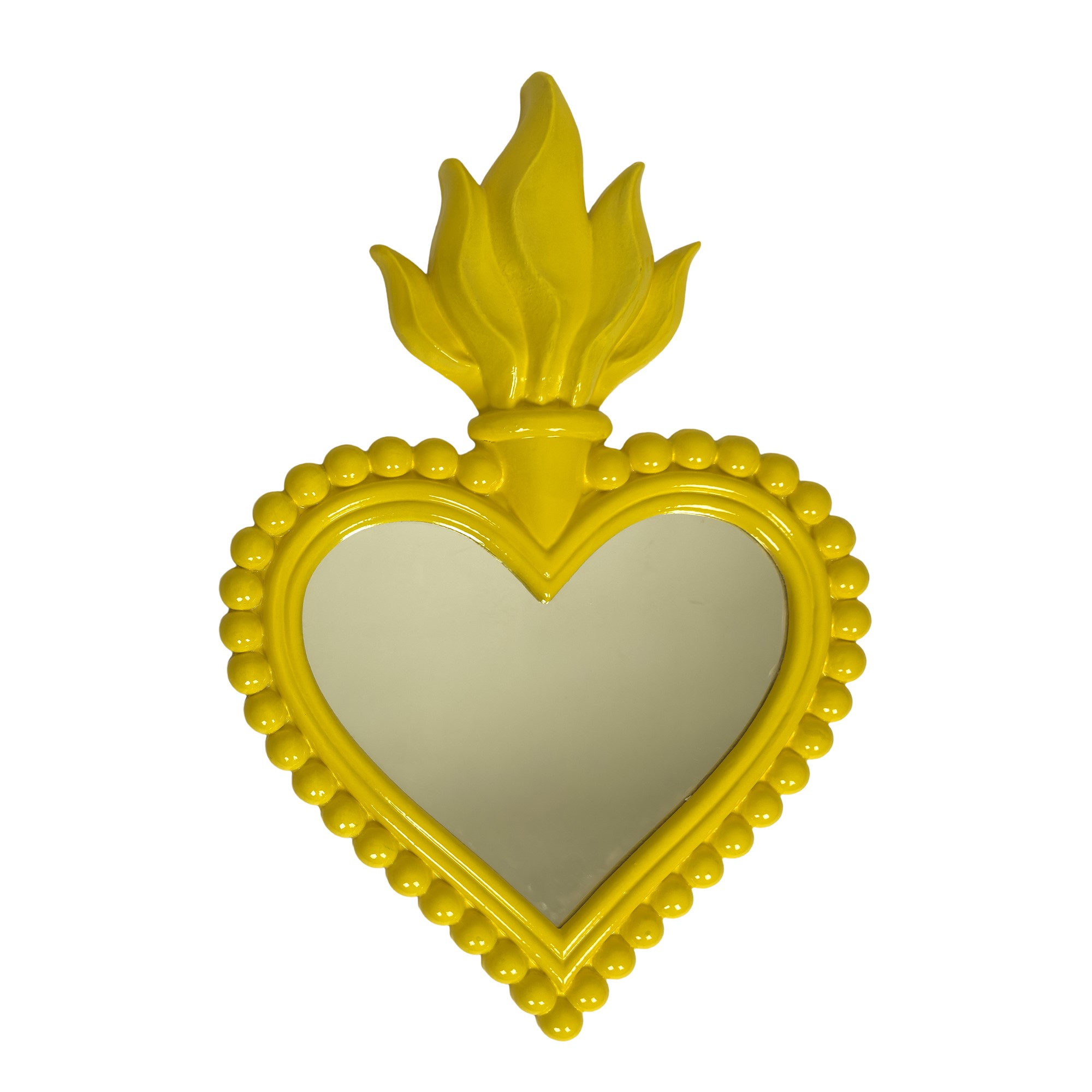 Quattro specchiere, terracotta rossa, gialla, viola e azzurra, modello cuore ardente