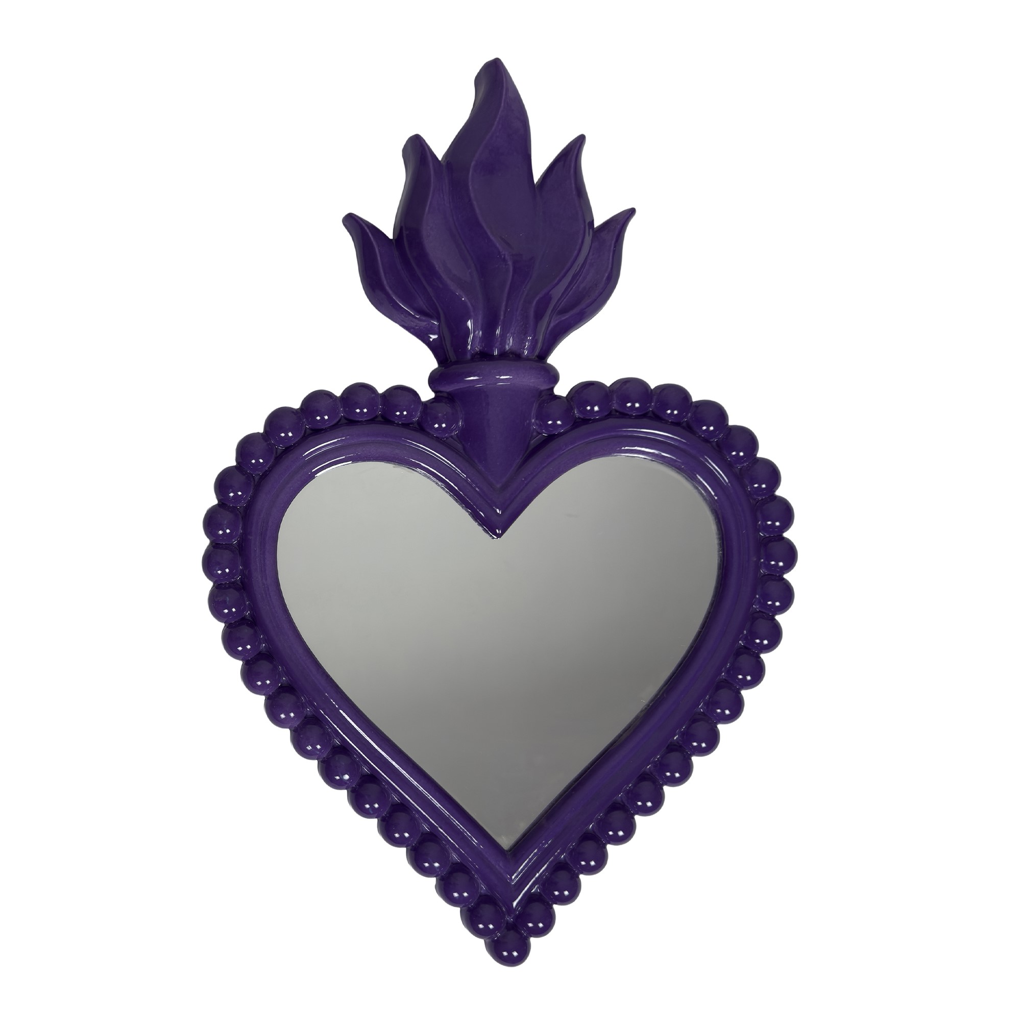 Quattro specchiere, terracotta rossa, gialla, viola e azzurra, modello cuore ardente