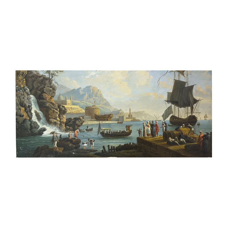 Pannello rettangolare ad olio su tavola raffigurante una scena portuale
