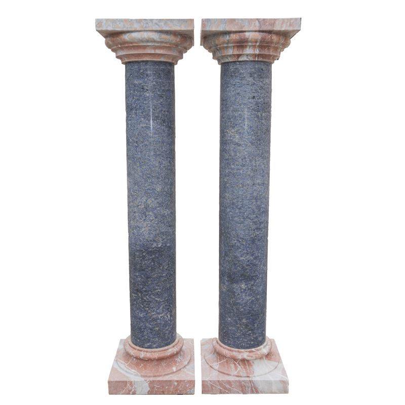 Coppia di colonne in marmo azzurro e rosso, fusto liscio, cm 170x41x41
