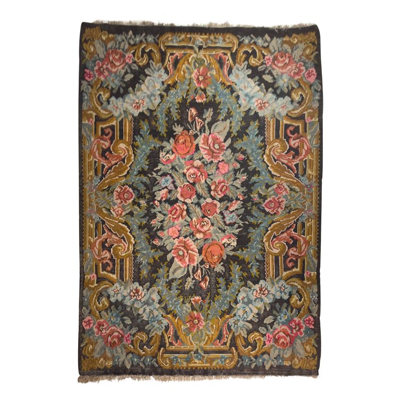 Tappeto Kilim, Rose policrome su fondo scuro, cm 336x205 circa