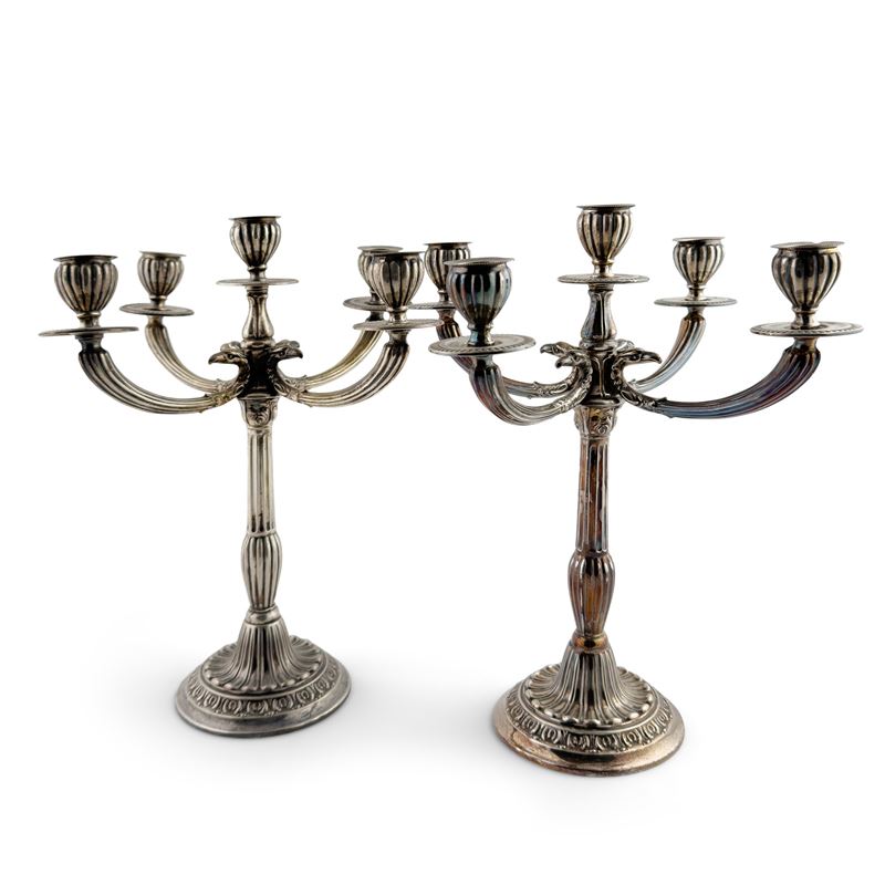Candelabri in argento, coppia a cinque luci