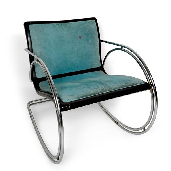 Poltroncina a dondolo in metallo cromato e legno ebanizzato, anni '70