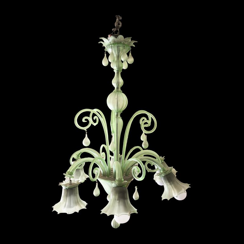 Lampadario a sei luci in vetro soffiato verde, Murano