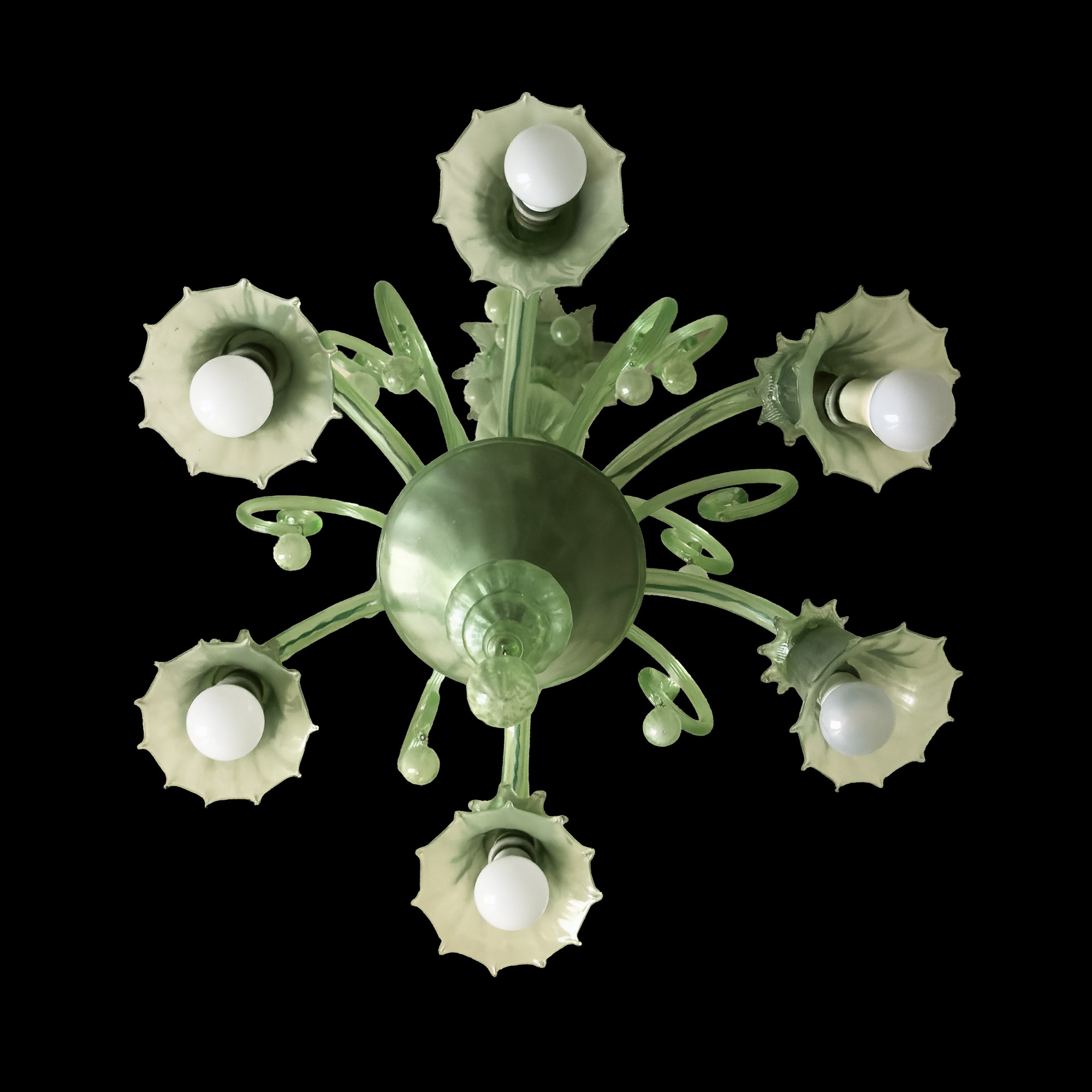 Lampadario a sei luci in vetro soffiato verde, Murano