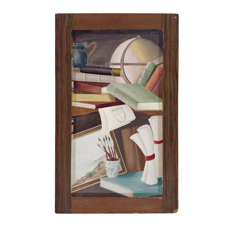 Trompe l’oeil con libri, dipinto e mappamondo