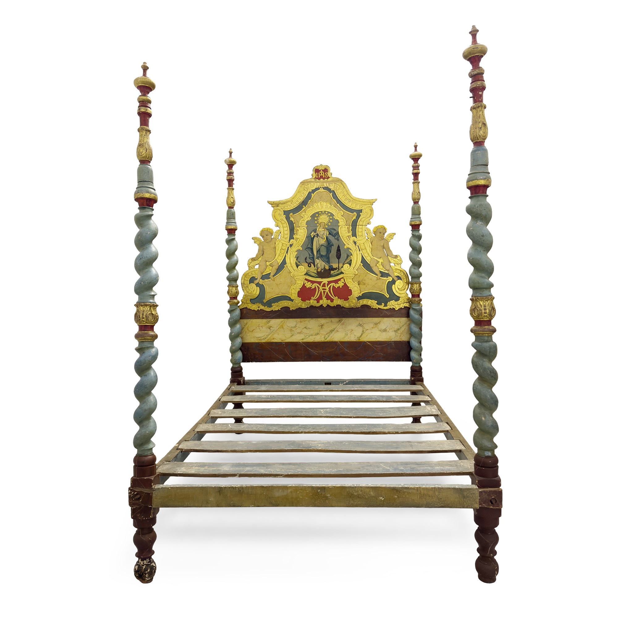 Letto a baldacchino spagnolo in legno laccato, XVIII/XIX secolo