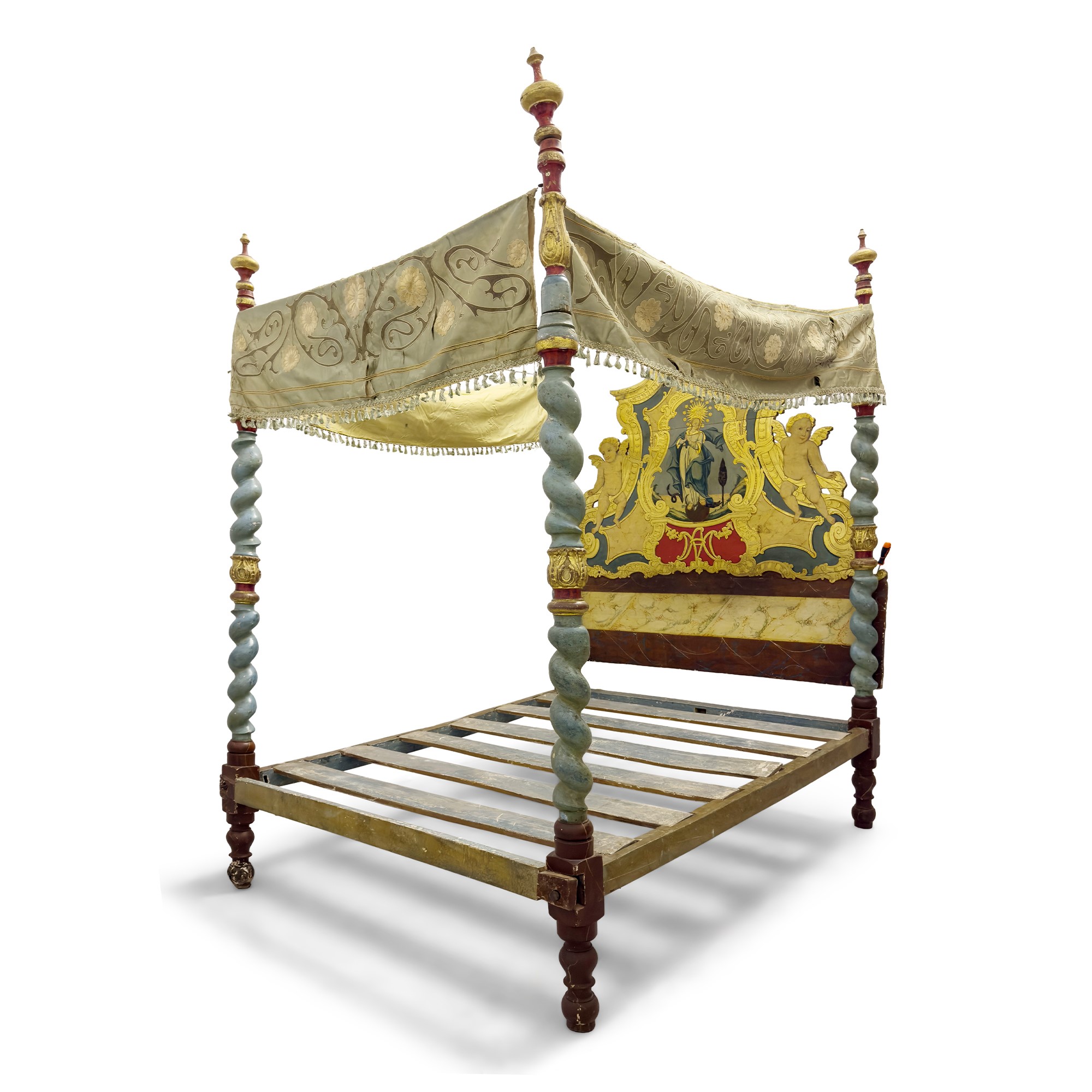 Letto a baldacchino spagnolo in legno laccato, XVIII/XIX secolo