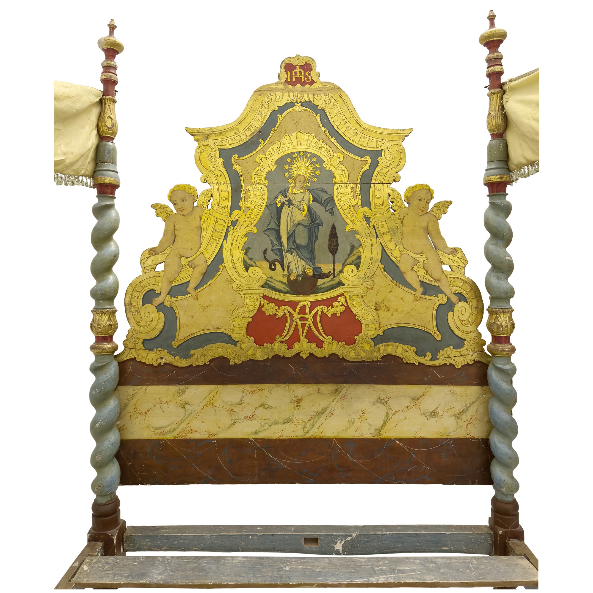 Letto a baldacchino spagnolo in legno laccato, XVIII/XIX secolo
