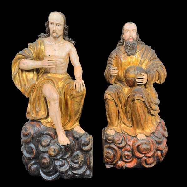Dio Padre e Gesù, coppia di sculture in legno laccato e dorato, XVII secolo