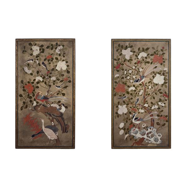 Coppia di papier peints applicati su tela, Piemonte, XVIII secolo