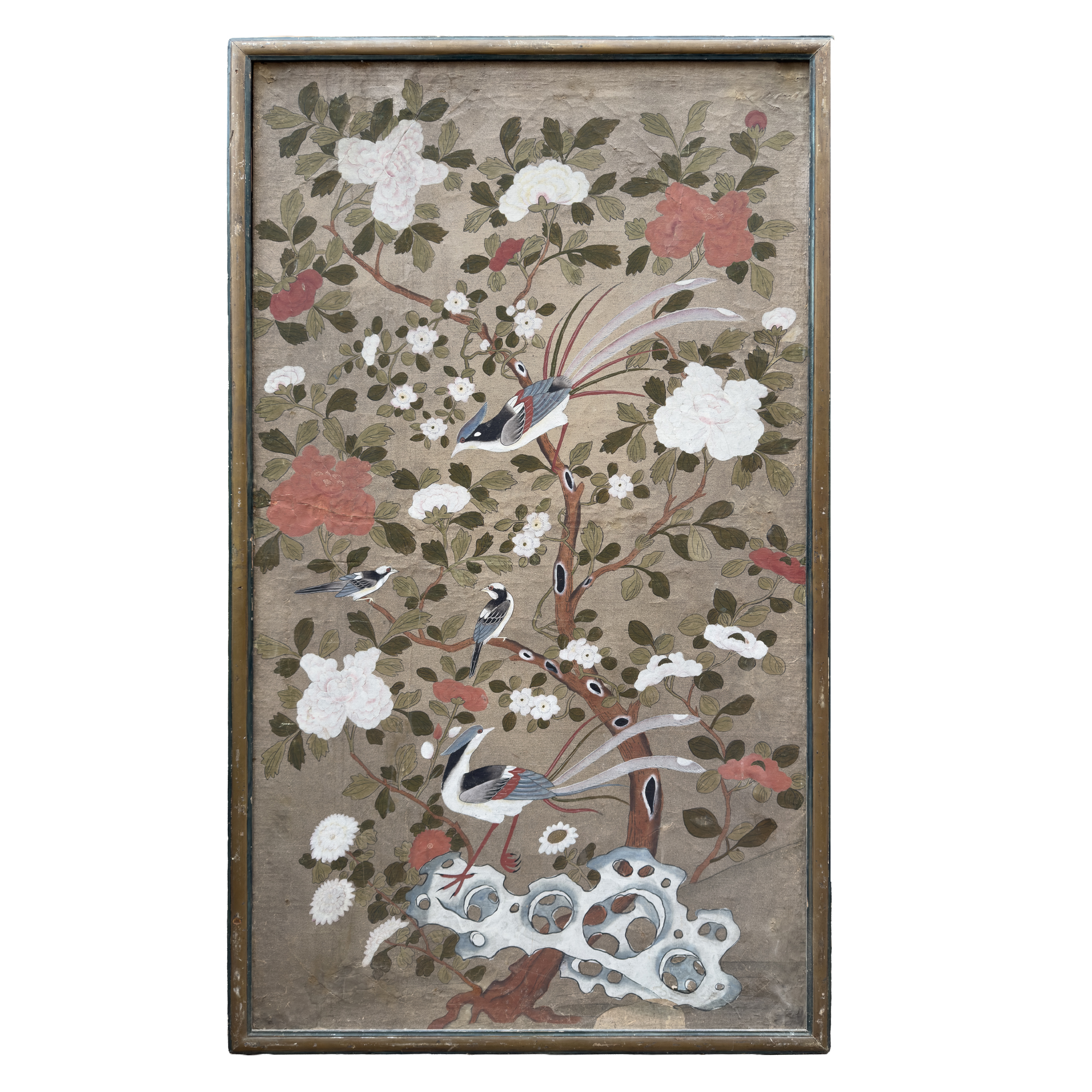 Coppia di papier peints applicati su tela, raffiguranti volatili su rami di pruno e peonie, Piemo...