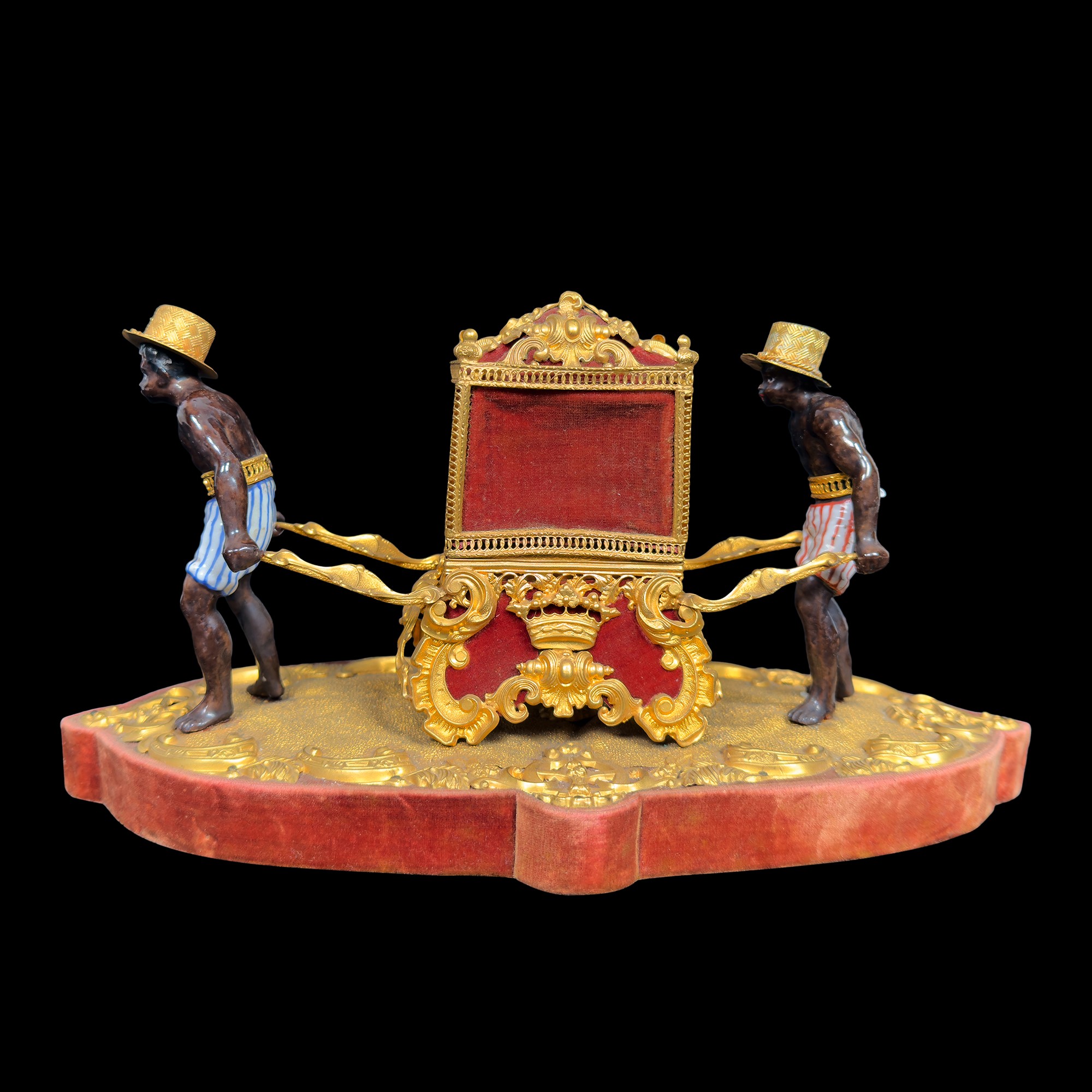 Necessaire da cucito 'Au Bon Sauvage', Francia, XIX secolo, con portatori mori in porcellana