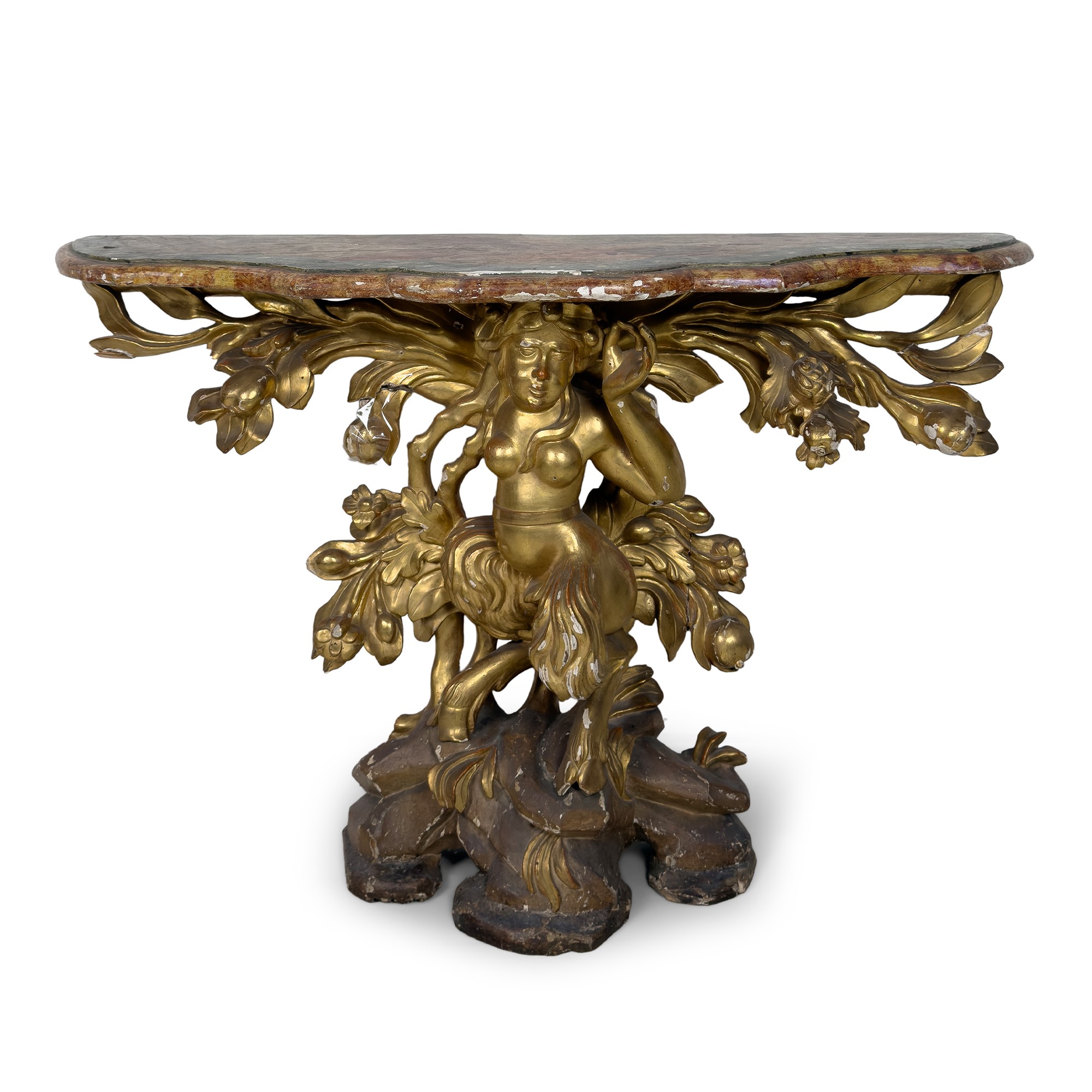 Coppia di consoles in legno dorato con figure di satiressa, Roma, XVIII secolo