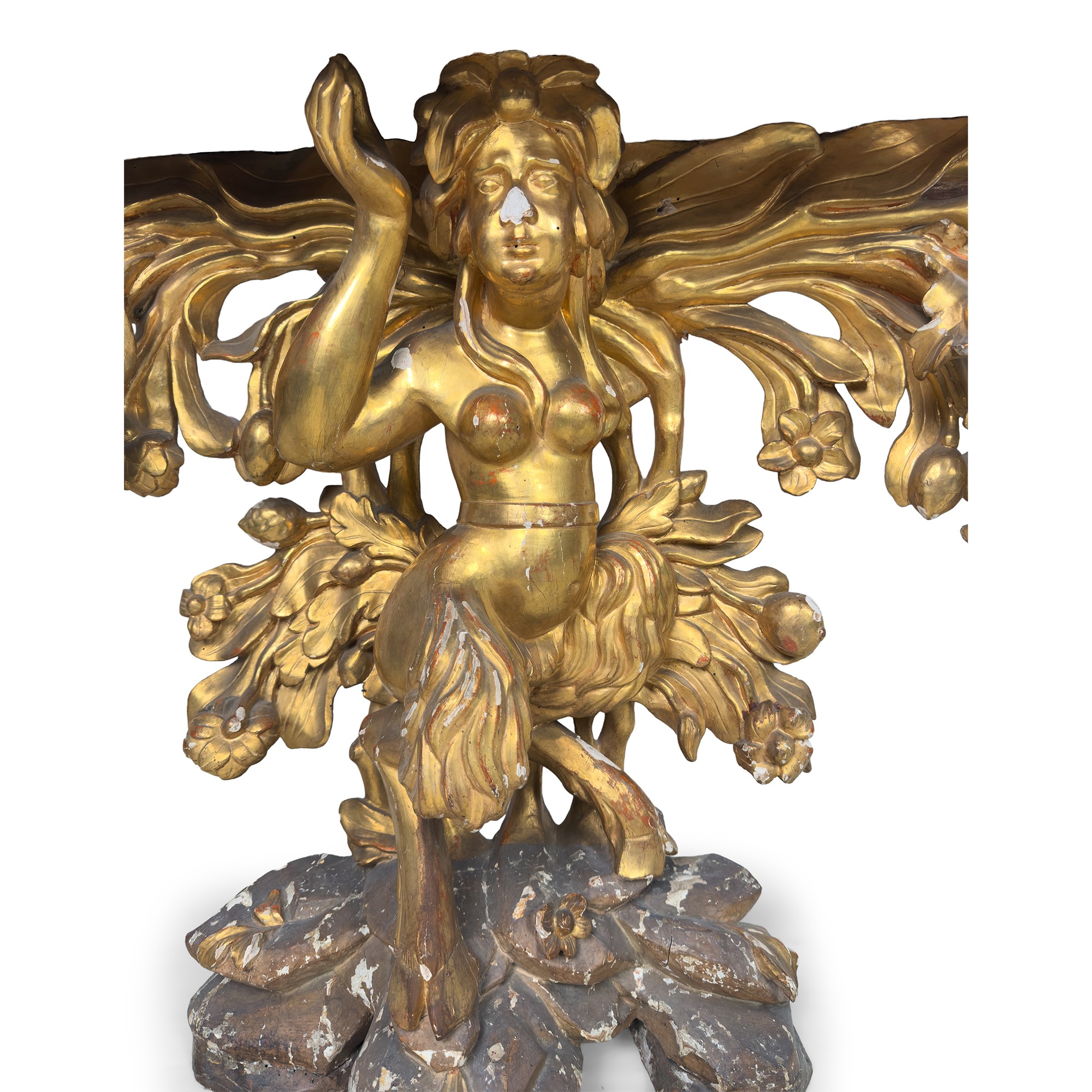 Coppia di consoles in legno dorato con figure di satiressa, Roma, XVIII secolo