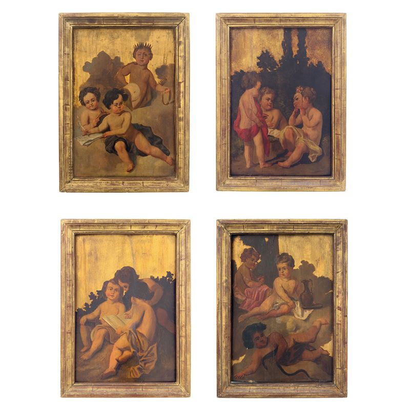 Allegorie di putti, quattro pannelli a olio su tavola a fondo oro, XIX secolo