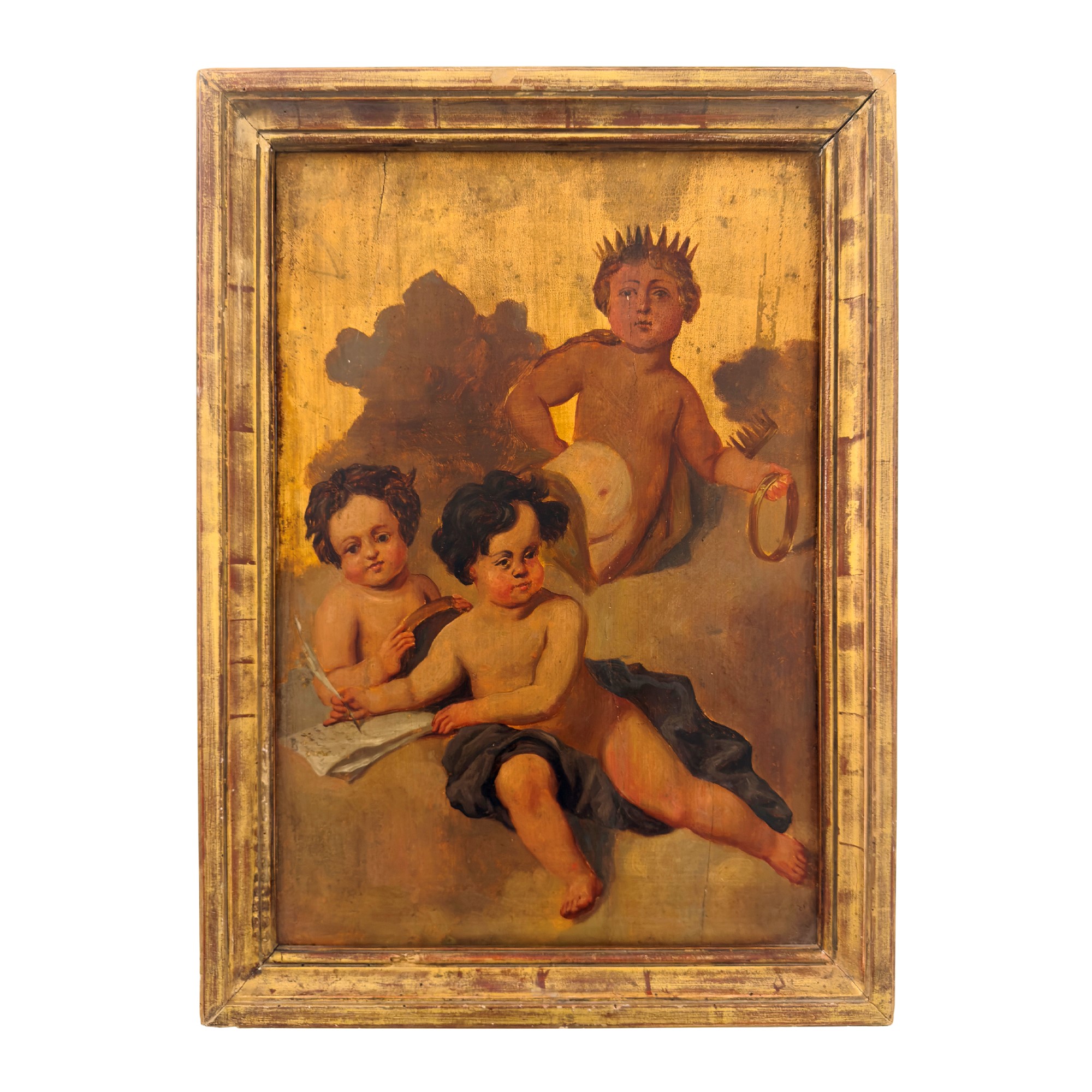 Allegorie di putti, quattro pannelli a olio su tavola a fondo oro, XIX secolo