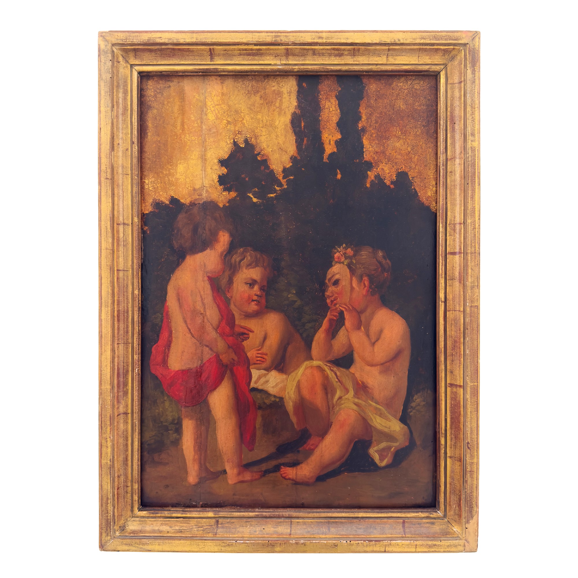 Allegorie di putti, quattro pannelli a olio su tavola a fondo oro, XIX secolo