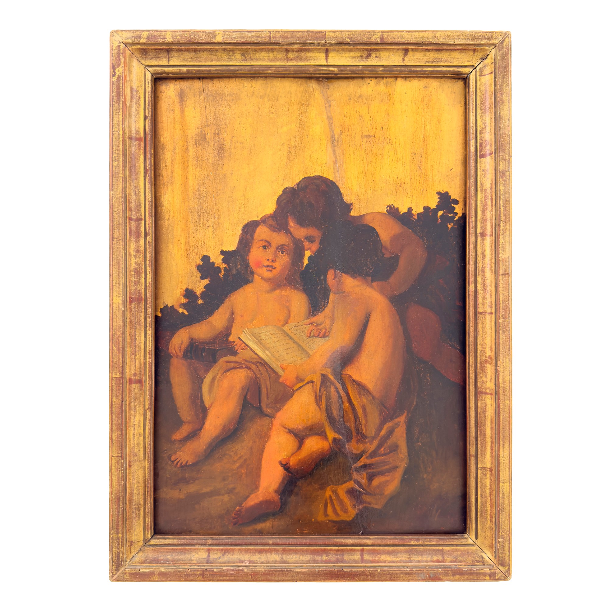 Allegorie di putti, quattro pannelli a olio su tavola a fondo oro, XIX secolo