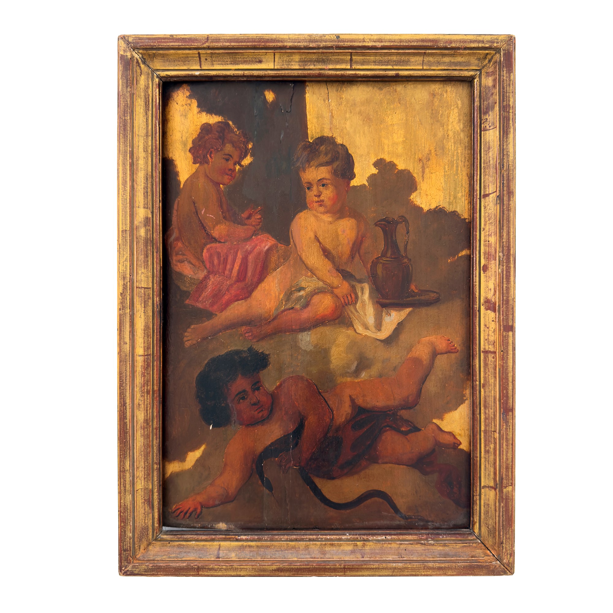 Allegorie di putti, quattro pannelli a olio su tavola a fondo oro, XIX secolo