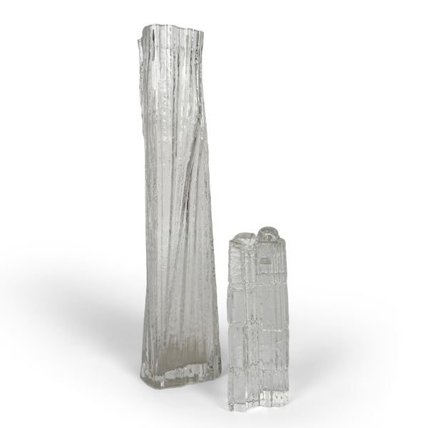 Vaso e candeliere in vetro incolore di similare lavorazione, Martin Freyer per Rosenthal, anni '60