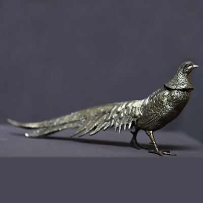 Fagiano in metallo argentato, scultura decorativa