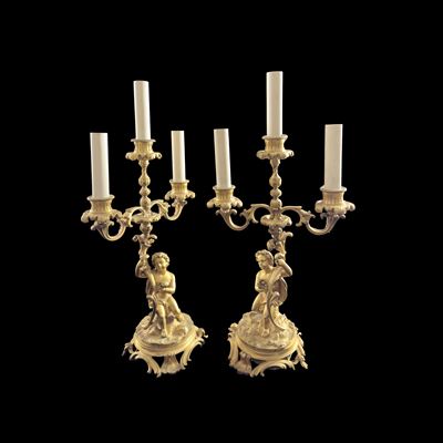 Candelabri a tre luci, bronzo dorato, Francia, XIX secolo