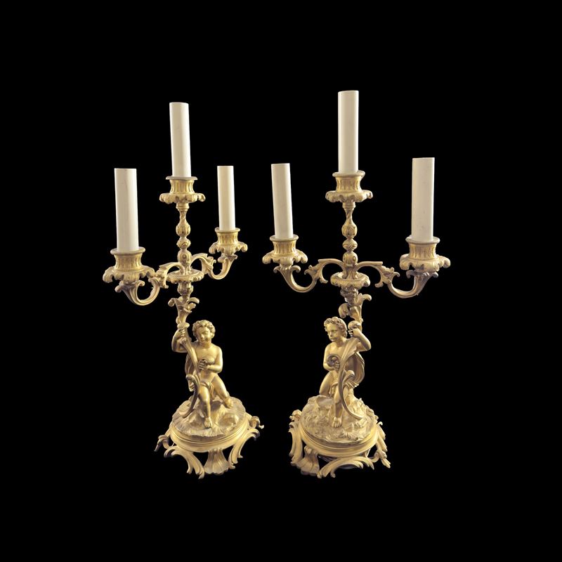 Candelabri a tre luci, bronzo dorato, Francia, XIX secolo