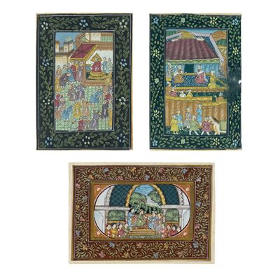 Ambito Mughal (o persiano-indiano), Scene di corte, tre piccoli dipinti a tempera su seta