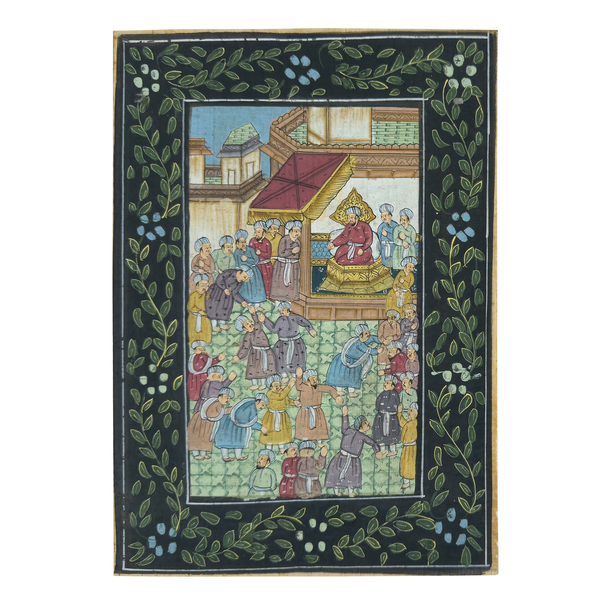 Ambito Mughal (o persiano-indiano), Scene di corte, tre piccoli dipinti a tempera su seta