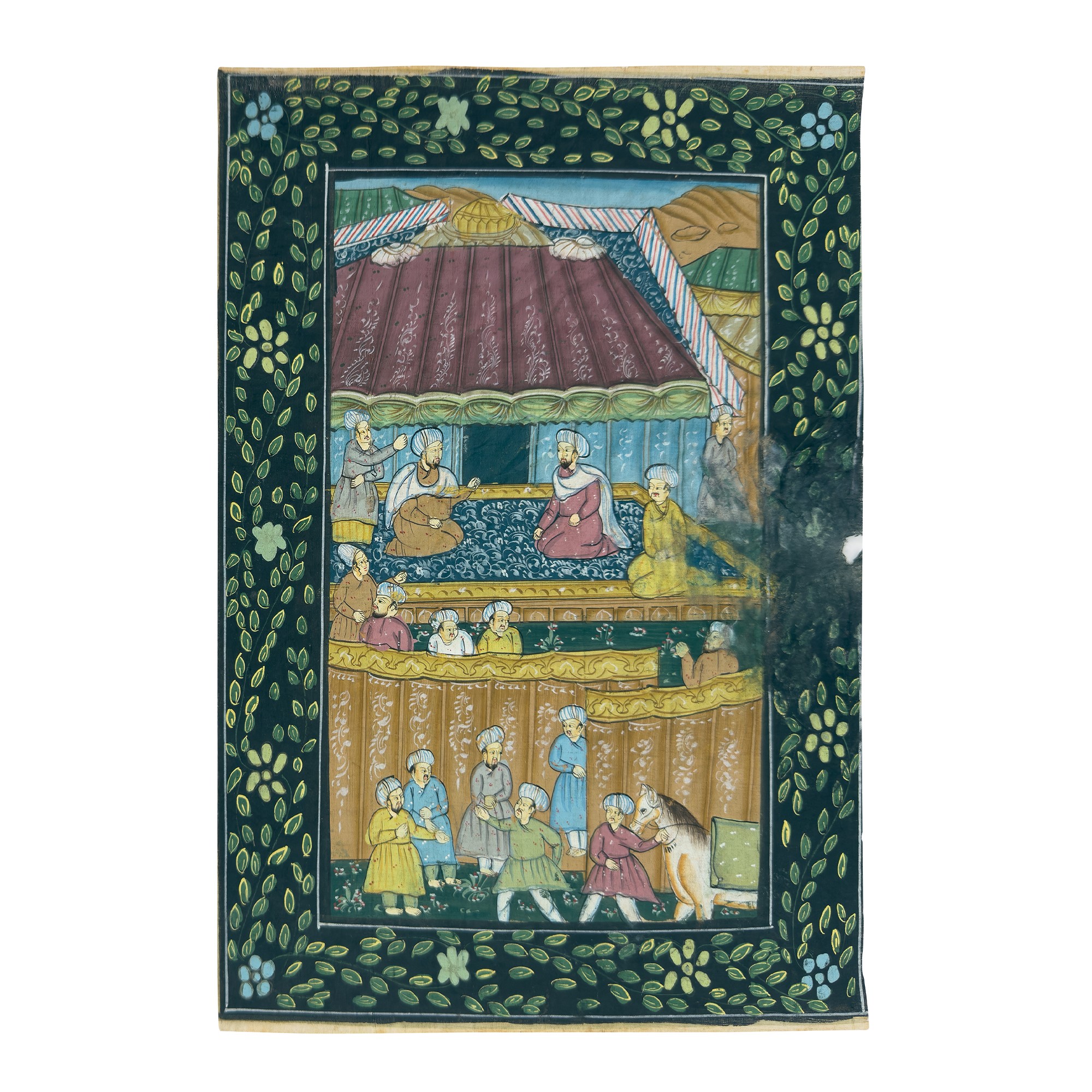 Ambito Mughal (o persiano-indiano), Scene di corte, tre piccoli dipinti a tempera su seta