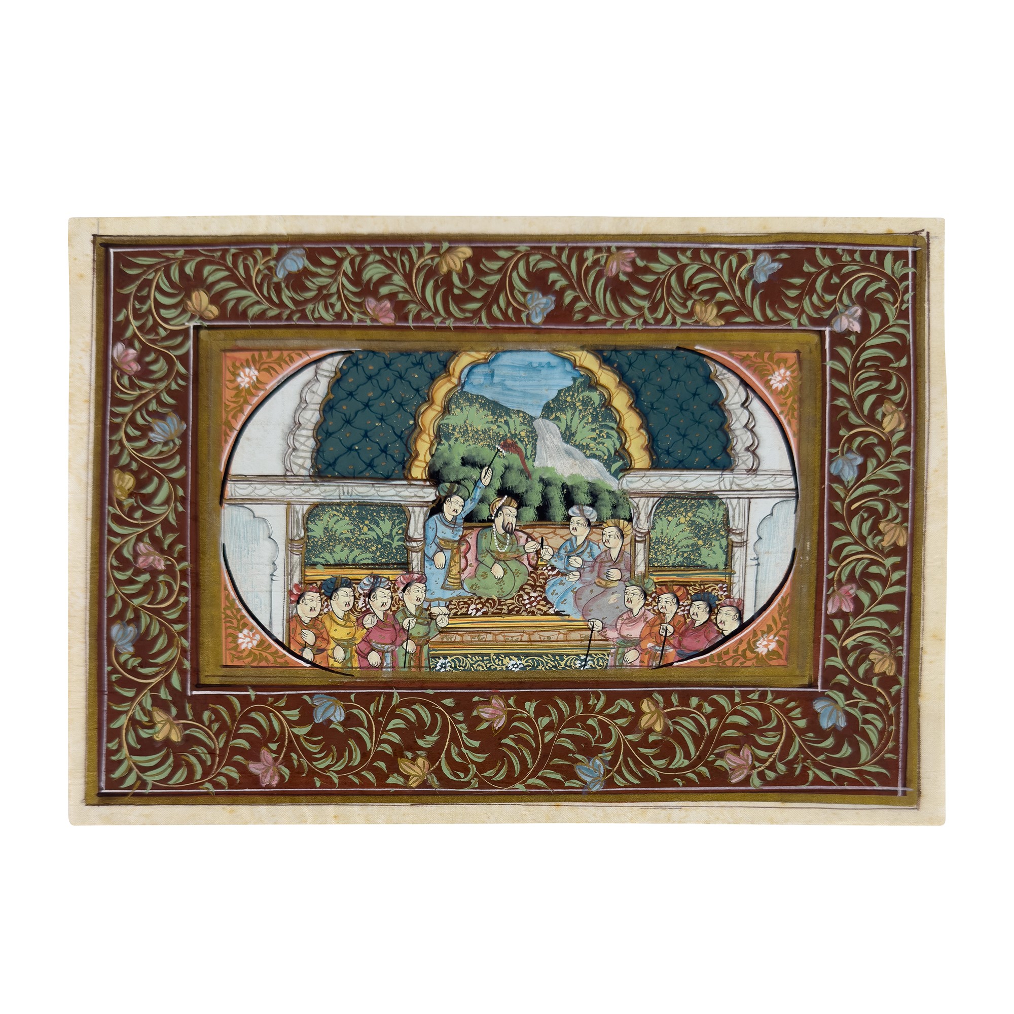 Ambito Mughal (o persiano-indiano), Scene di corte, tre piccoli dipinti a tempera su seta