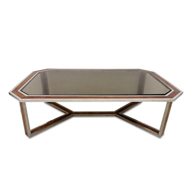 Tavolino da salotto di forma ottagonale in metallo cromato e radica, anni '80