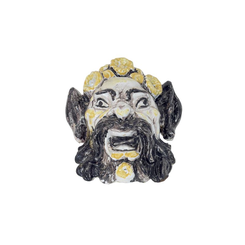 Testa di satiro, mascherone in maiolica bianca, manganese e ocra
